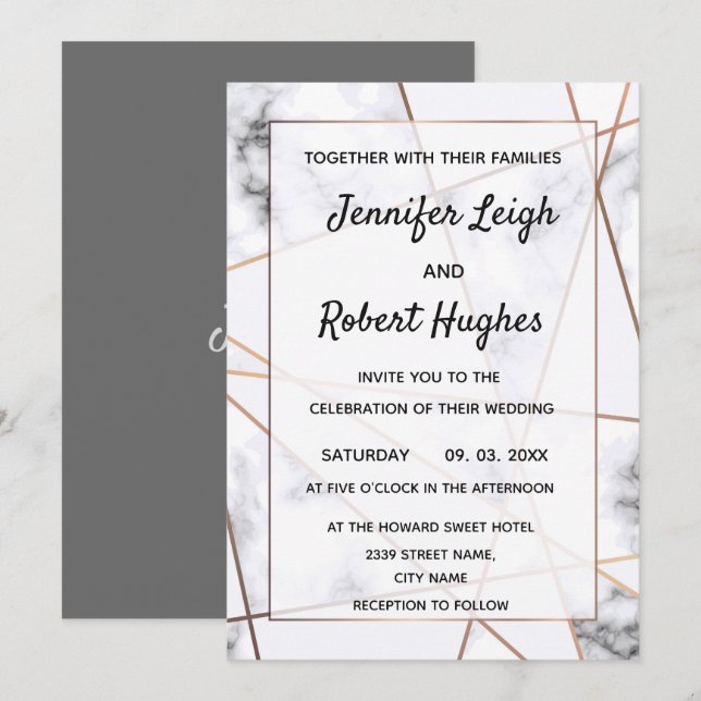 Invitación a la boda elegante en mármol y oro (Anverso / Reverso)