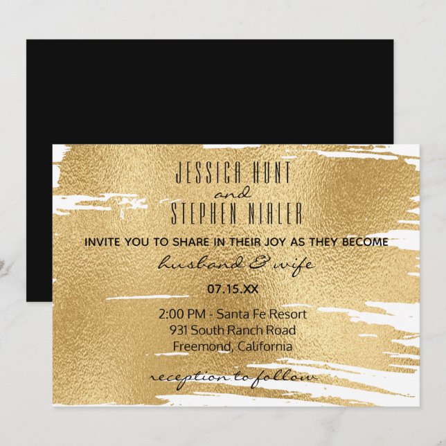 Invitación a la boda elegante en negro y oro (Anverso / Reverso)