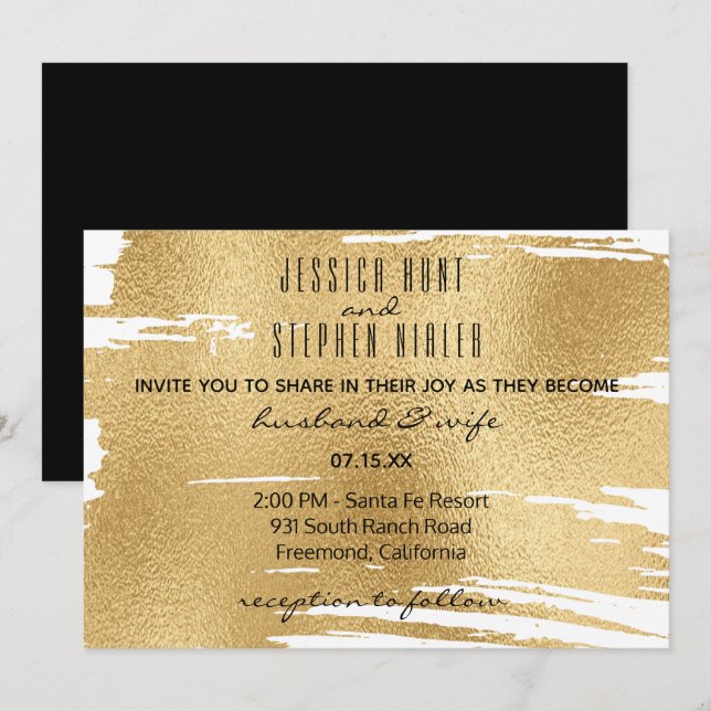 Invitación a la boda elegante en negro y oro (Anverso / Reverso)