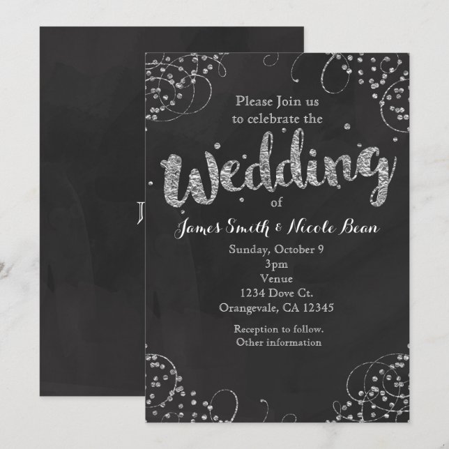 Invitación a la boda elegante en negro y plateado (Anverso / Reverso)