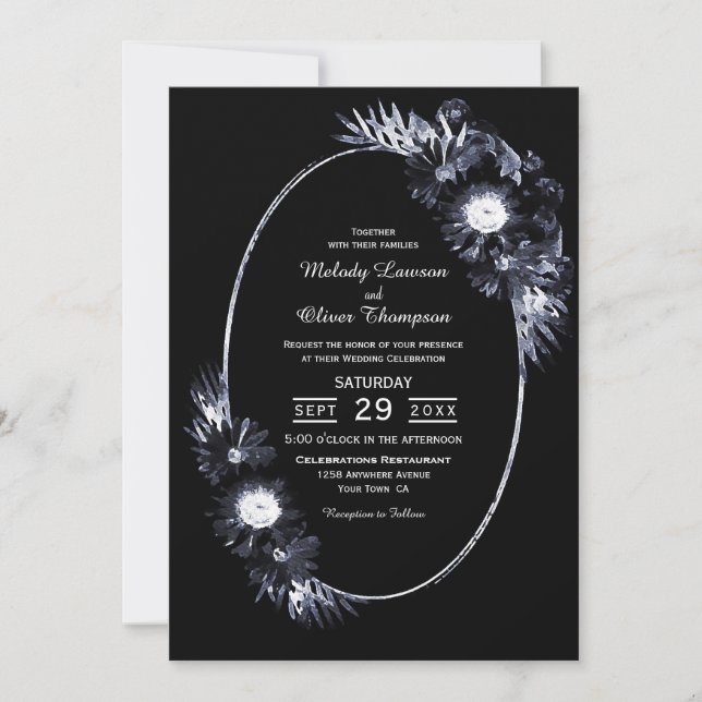 Invitación a la boda elegante floral negra (Anverso)