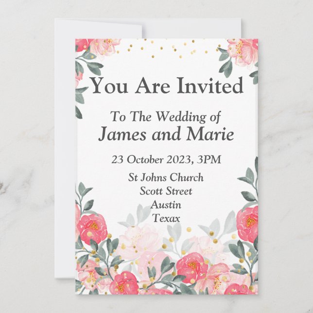 Invitación a la boda elegante, flores acuarelas (Anverso)