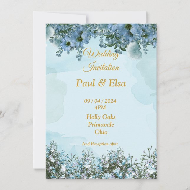 Invitación a la boda elegante, flores azules y azu (Anverso)