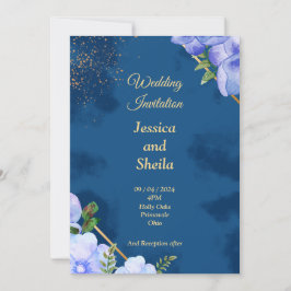 Invitación a la boda elegante, flores azules y azu