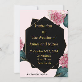 Invitación a la boda elegante, flores rosas, negro