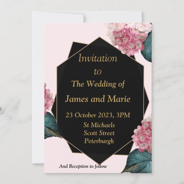 Invitación a la boda elegante, flores rosas, negro (Anverso)