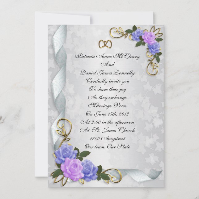 Invitación a la boda elegante lavanda y rosas azul (Anverso)