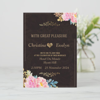 Invitación a la boda elegante, marrón, rosa