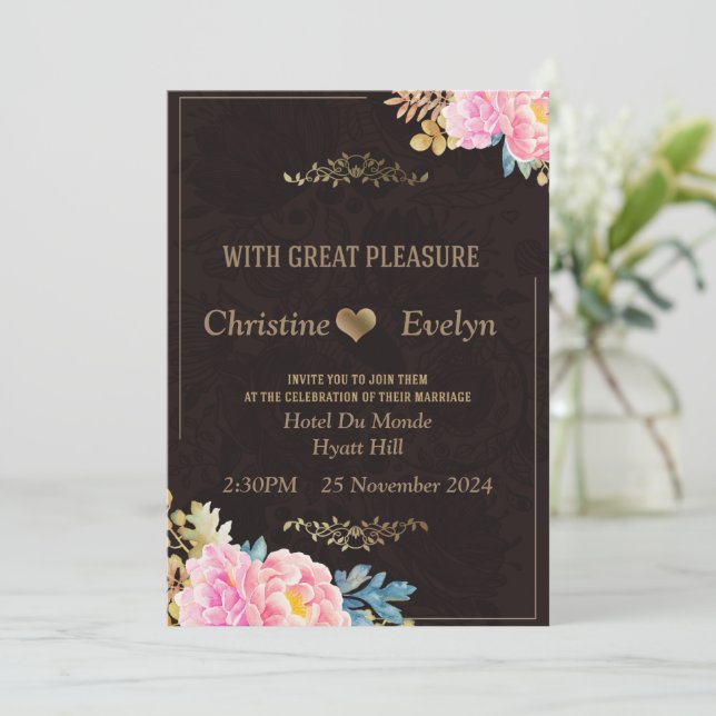 Invitación a la boda elegante, marrón, rosa (Anverso de pie)