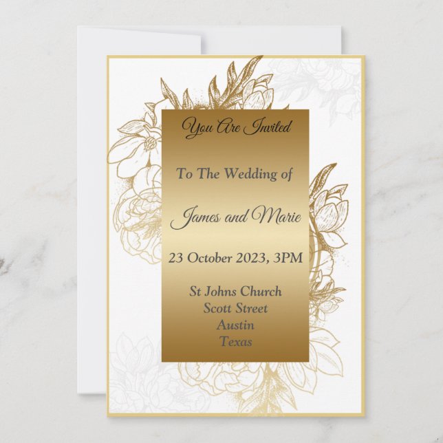 Invitación a la boda elegante, oro, blanco, negro (Anverso)