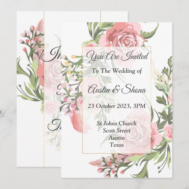 Invitación a la boda elegante, rosa, floral, viníc (Anverso / Reverso)