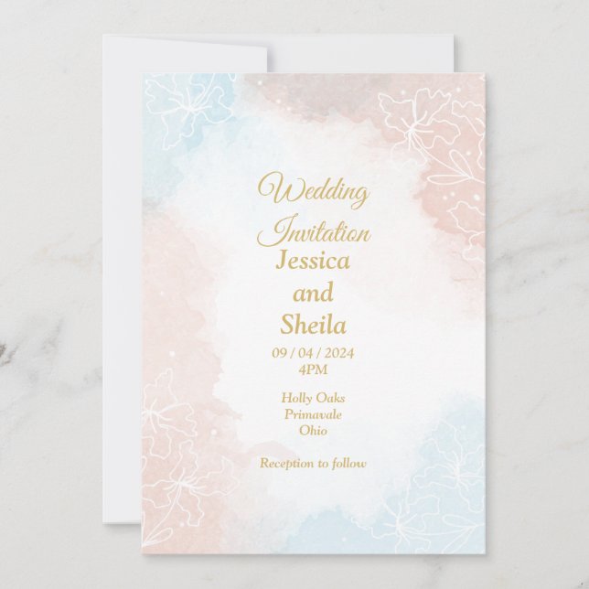 Invitación a la boda elegante, rosa pálido y azul (Anverso)