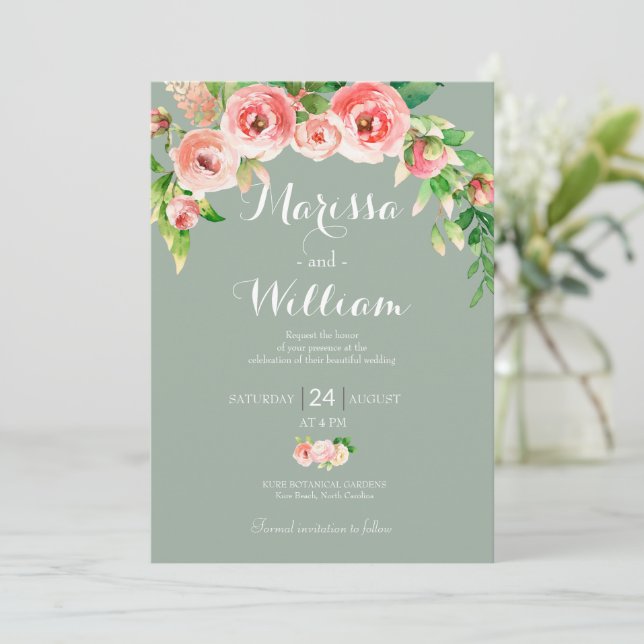 Invitación a la boda elegante rosa y sabia de Rubo (Anverso de pie)