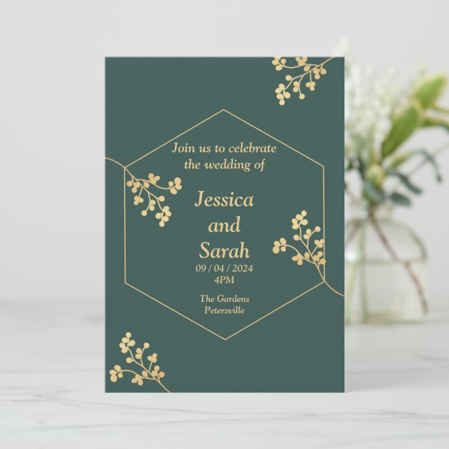 Invitación a la boda elegante, verde, dorado, blan (Anverso de pie)
