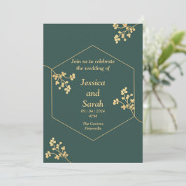Invitación a la boda elegante, verde, dorado, blan