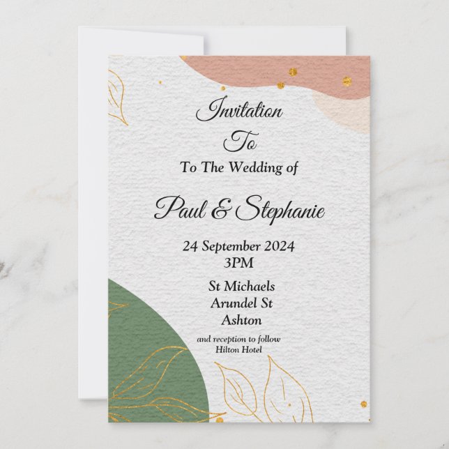 Invitación a la boda elegante, verde, rosa (Anverso)
