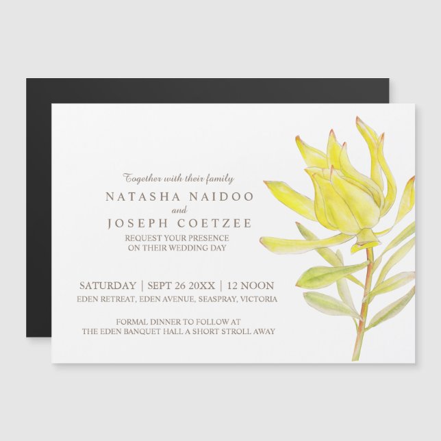 Invitación a la boda en acuarela con leucadendrina (Anverso/Reverso)