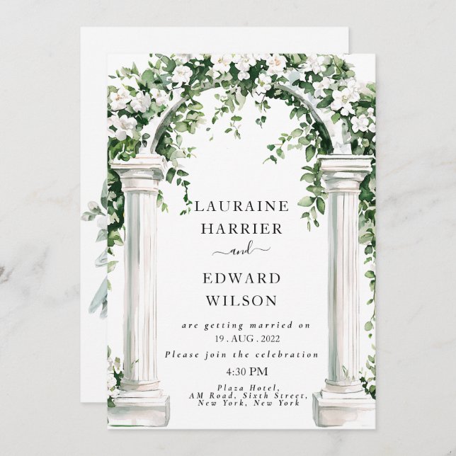 Invitación a la boda en arco floral botánico (Anverso / Reverso)