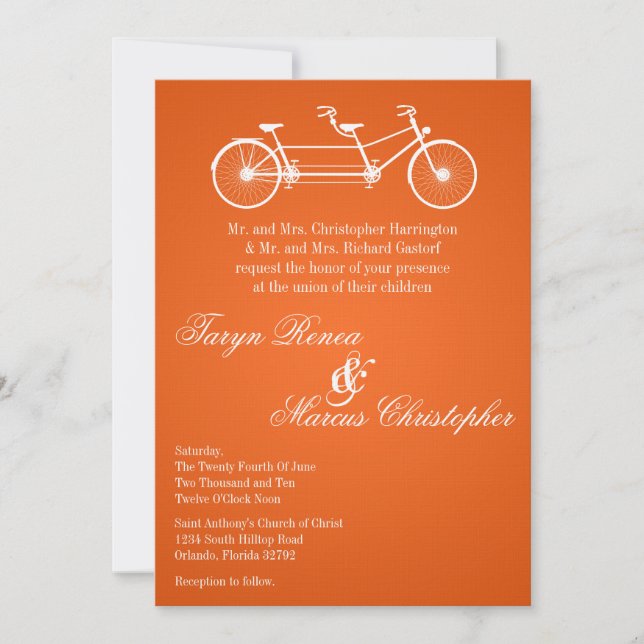 Invitación a la boda en bicicleta doble Naranja (Anverso)