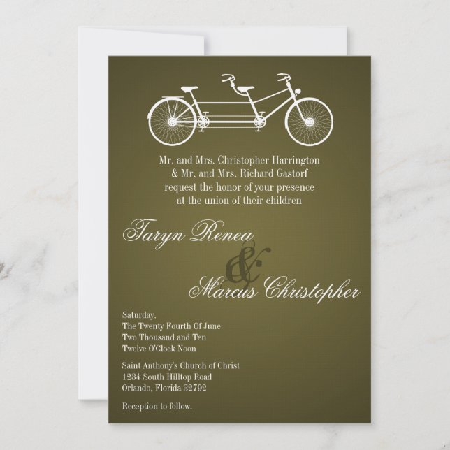 Invitación a la Boda en Bicicleta Doble Parda 5x7 (Anverso)