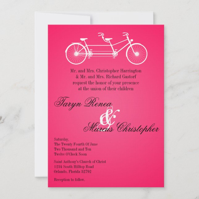 Invitación a la Boda en Bicicleta Doble Rosa 5x7 (Anverso)