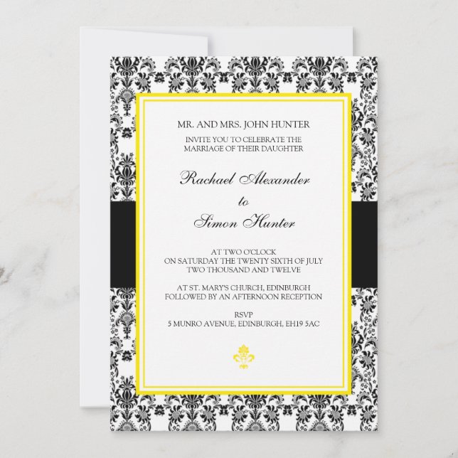 Invitación a la boda en blanco y negro - amarillo (Anverso)