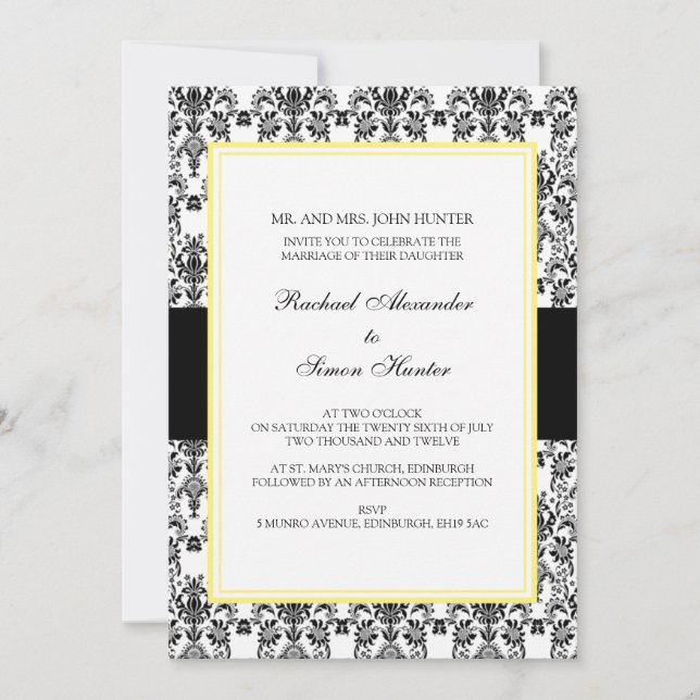 Invitación a la boda en blanco y negro-amarillo 2 (Anverso)