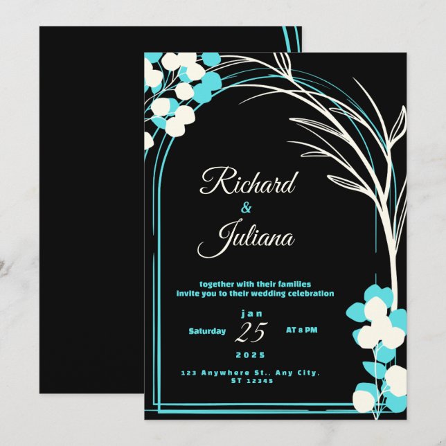Invitación a la boda en blanco y negro con flowe a (Anverso / Reverso)