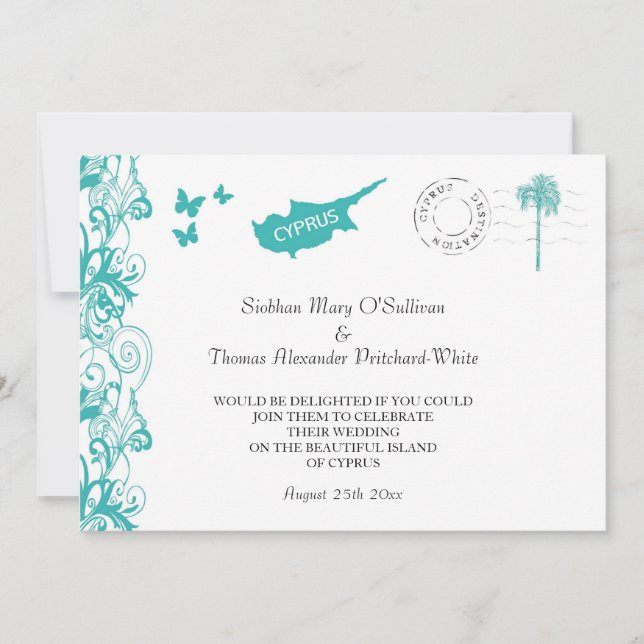 Invitación A La Boda En Chipre En Aqua Y Blanco (Anverso)