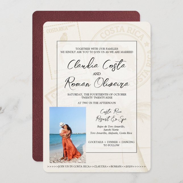 Invitación a la boda en Costa Rica con pasaporte d (Anverso / Reverso)