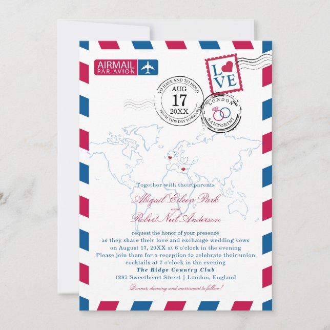 Invitación a la boda en el Airmail de Londres y Sa (Anverso)