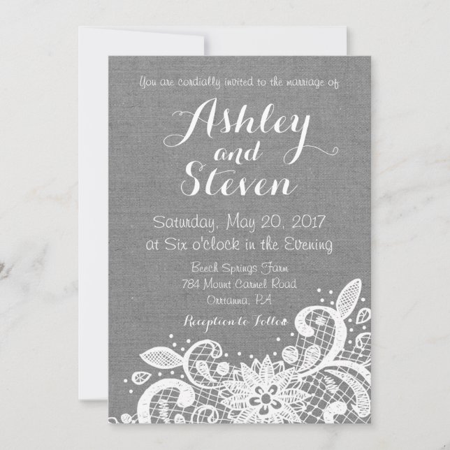 Invitación a la boda en el arbusto gris y el encaj (Anverso)