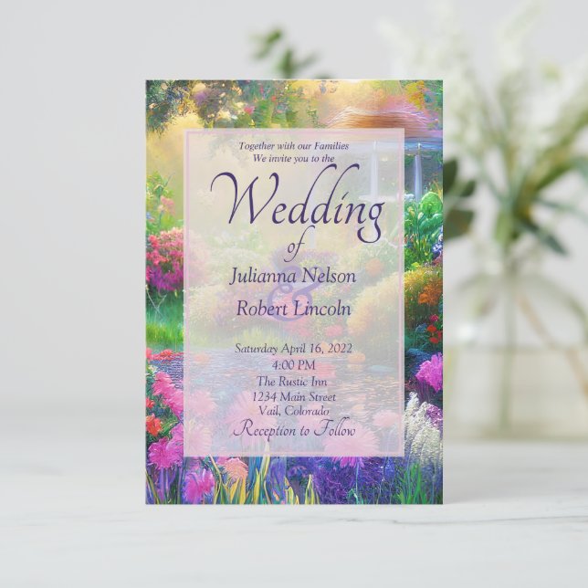 Invitación a la boda en el jardín florido y al ata (Anverso de pie)