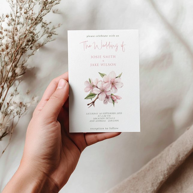 invitación a la boda en flor de cerezo de bonito (Cherry blossom, watercolor, wedding invitation, pink, white and green)
