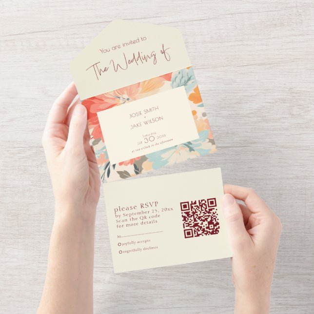 Invitación a la boda en flores pastel y RSVP (desgarro)