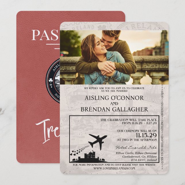 Invitación a la boda en Irlanda de Borgoña Ligera (Anverso / Reverso)