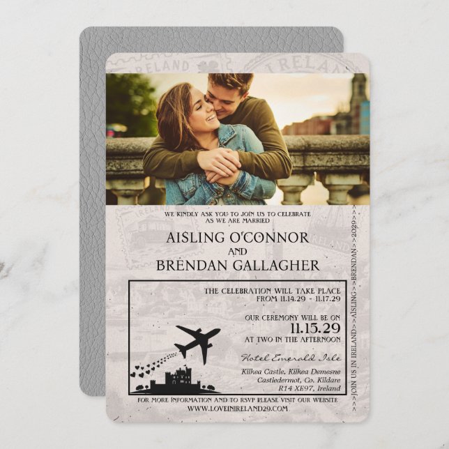 Invitación a la boda en Irlanda de Gris (Anverso / Reverso)