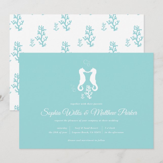 Invitación a la boda en la playa de Aqua Seahorse (Anverso / Reverso)