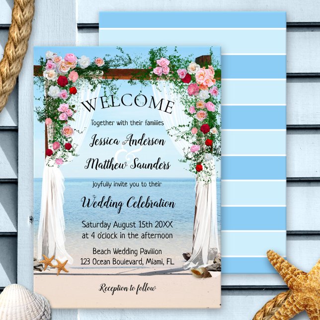 Invitación a la boda en la playa de Arbor Rosa (Beach wedding invitation featuring a pretty scene of a rose arbor and a view on the ocean)