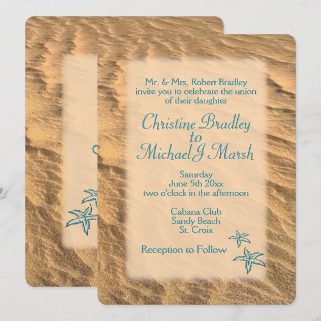 Invitación a la boda en la playa de arena verde az (Anverso / Reverso)