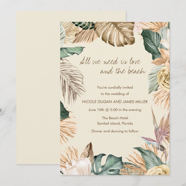 Invitación a la boda en la playa de hojas tropical (Anverso / Reverso)