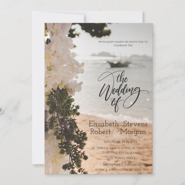Invitación a la boda en la playa de las flores de  (Anverso)