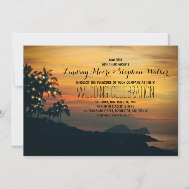 invitación a la boda en la playa de palmeras (Anverso)