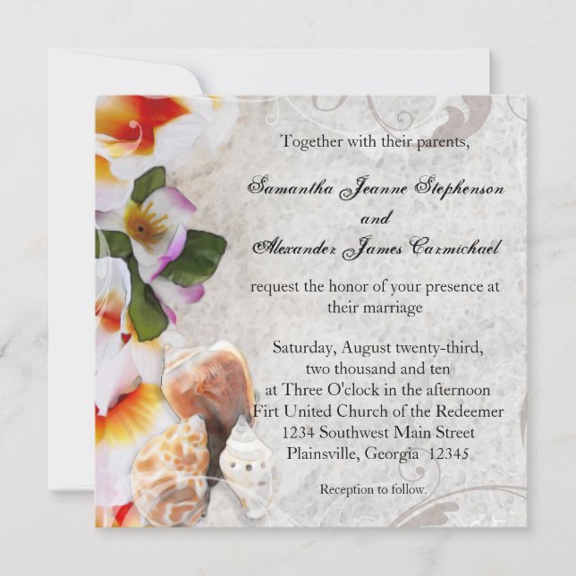 Invitación a la boda en la playa de Plumeria Orquí (Anverso)