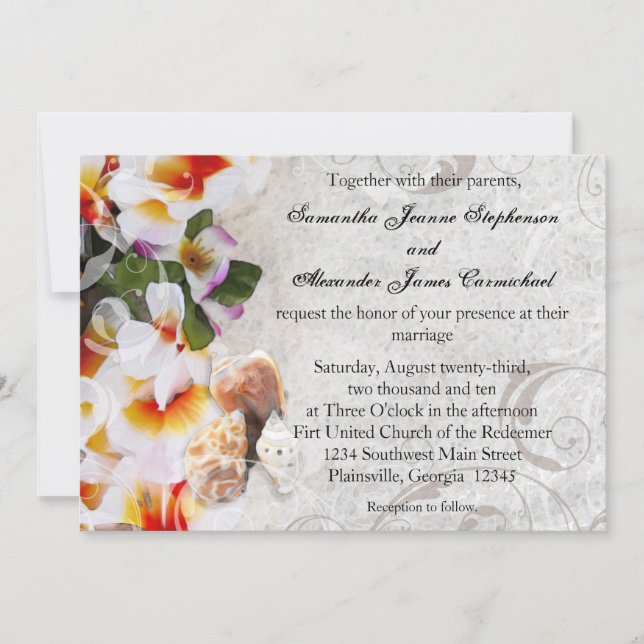 Invitación a la boda en la playa de Plumeria Orquí (Anverso)