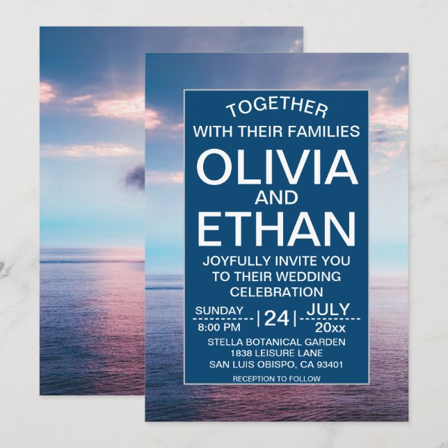 Invitación a la boda en la playa de Seascape azul  (Anverso / Reverso)