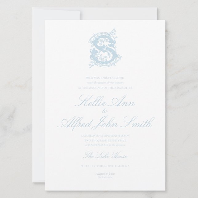 Invitación a la boda en monograma azul claro "S" (Anverso)