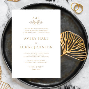 Invitación a la boda en monograma blanco y oro