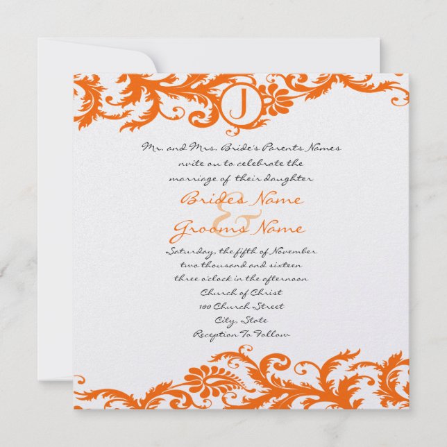 Invitación a la boda en monograma de Damask naranj (Anverso)