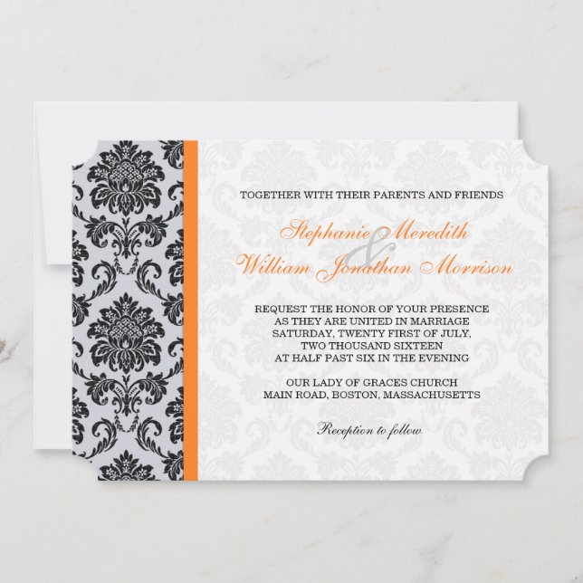 Invitación a la boda en monograma de Damask naranj (Anverso)